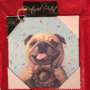 ADORABLE DONUT MUNCHING PUG WALL PAINTING HANGING PICTURE FEATURED ARTIST W/FLAW
